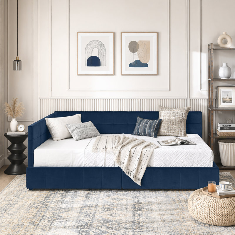 Lit de jour en velours avec capitonnage, Dark Blue