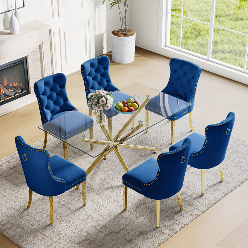 7-Piece Modern Dining Set – Rectangular Glass Table With Mirrored Metal Base & 6 Velvet Upholstered Chairs, Gold/Blue, Gold