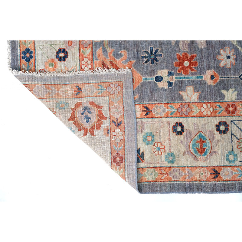 Hand Knotted Wool Area Rug in Gray And Sea Green