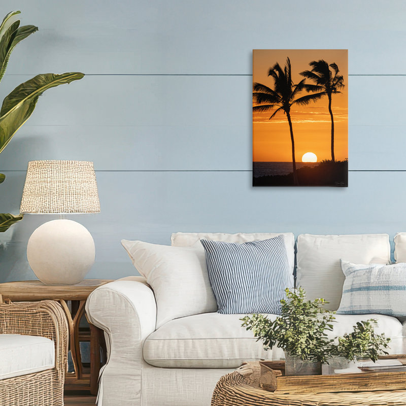 Coucher de soleil sur une toile de palmiers, conception par Dennis Frates, H 24 po x l 16 po