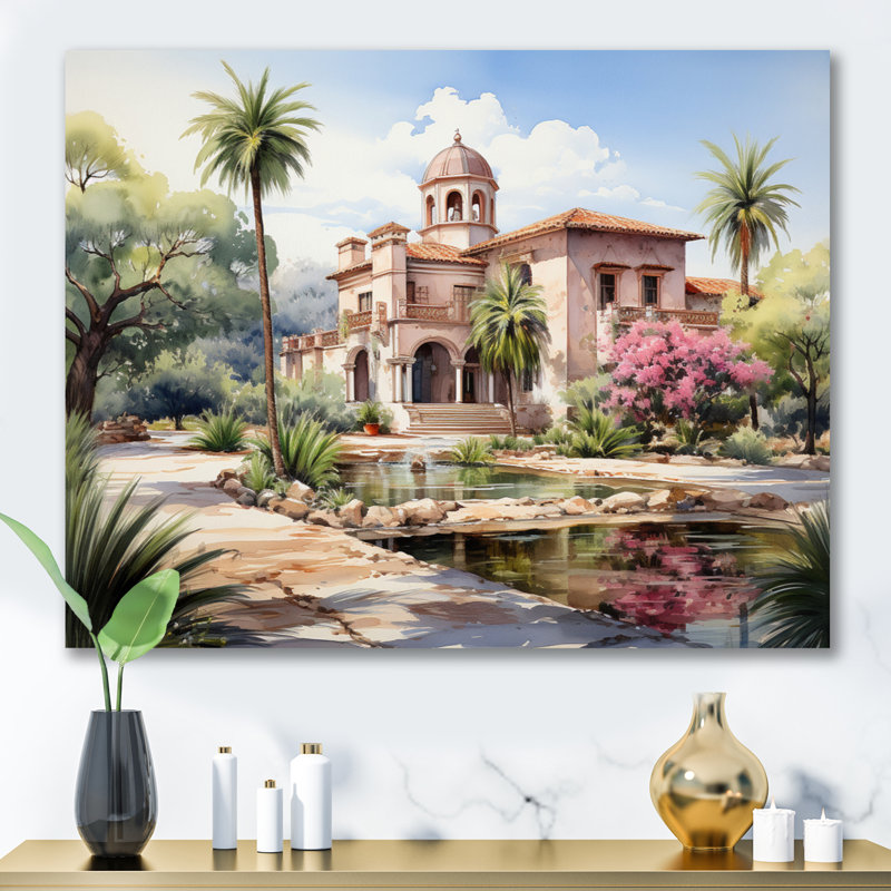 «Pink Beige Mexico Colonial Charm Watercolor II», reproduction d'art sur toile, Toile tendue, H 16 po x l 32 po x P 1 po