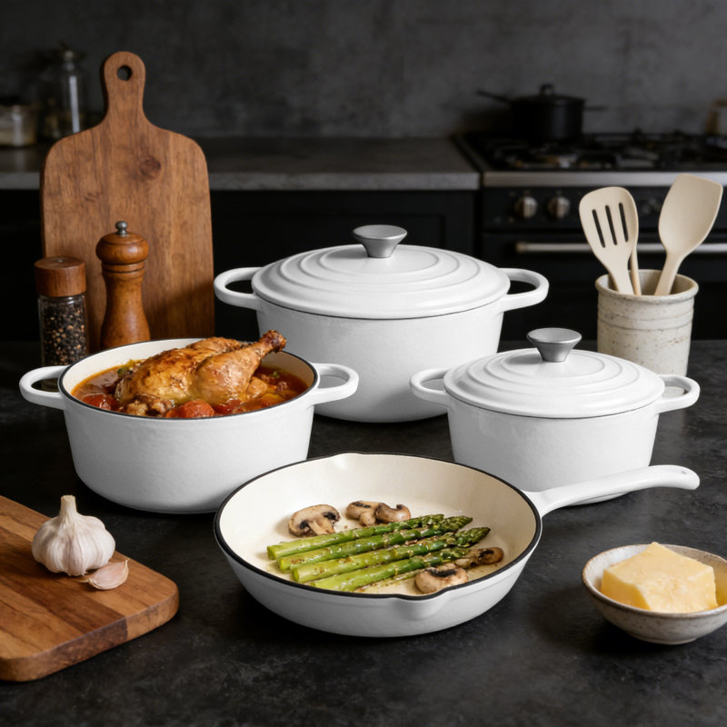 Batterie de cuisine en fonte émaillée 7 pièces 7 pièces, Blanc