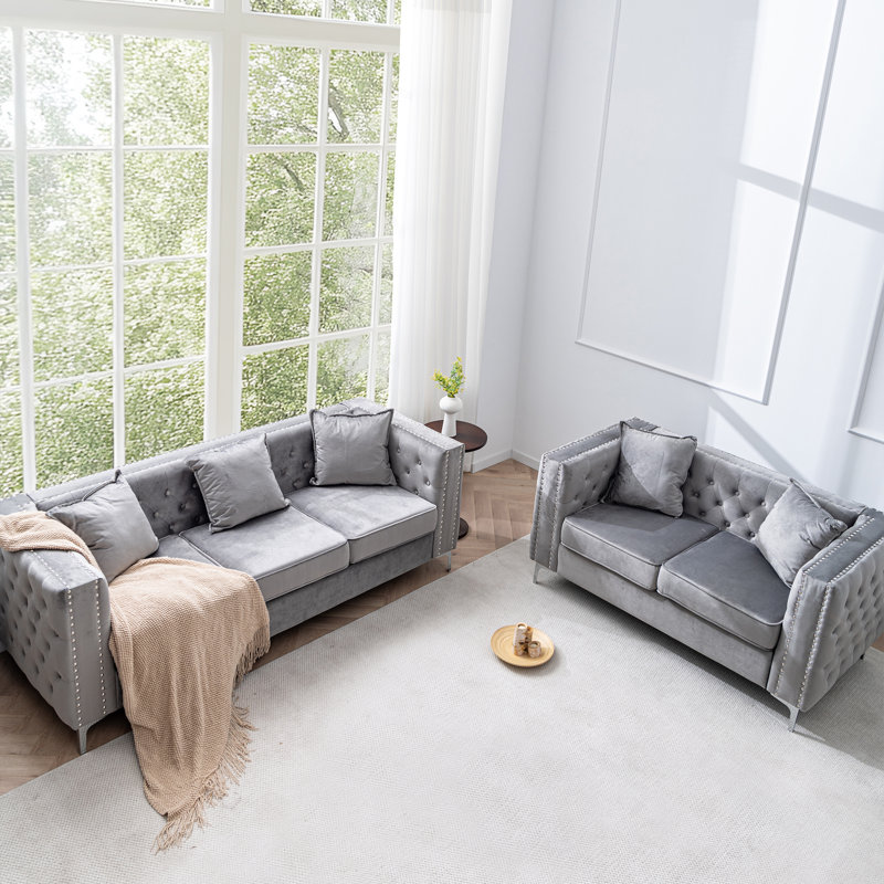  Ensemble de canapé Chesterfield en velours 2 épices, Gris