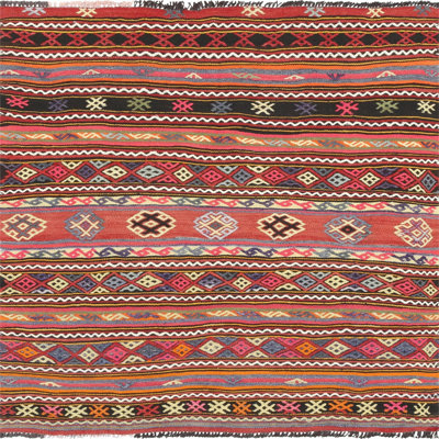 One-of-a-Kind Hand-Knotted 1960s 4'2" x 4'3" Wool Area Rug inRed/Blue/Black/White