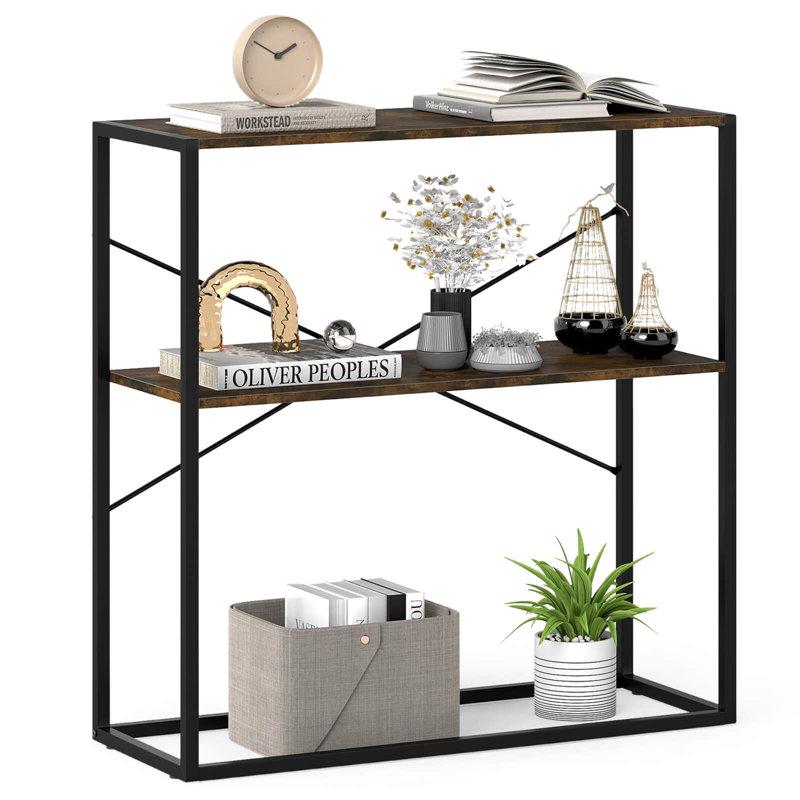 36” Console Table with Wooden Textured Open Shelves & Metal Frame for Hallway Brown