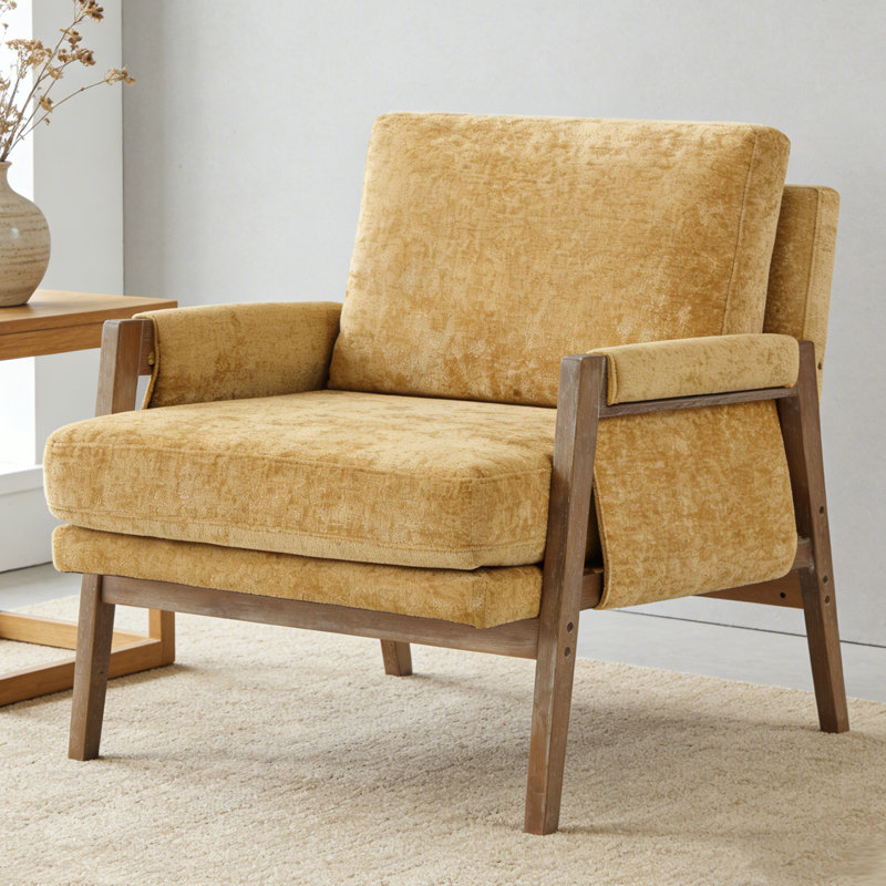 Brayven Accent Chair - 30" Wide Scandinavian Style Plush Fabric Cushion Solid Wood Frame, Yellow Chenille