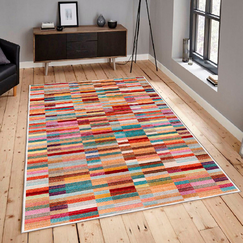 Luxurious 100% Cotton Area Rug, 70.9 x 110.2 Inches | 1200 Grams per Square Meter, 0.3 in Pile Height, Non-Slip PVC Underside | Antibacterial, Machine Washable, Stylish Pink, Blue, Camel, Yellow & Brown Design for Home Décor