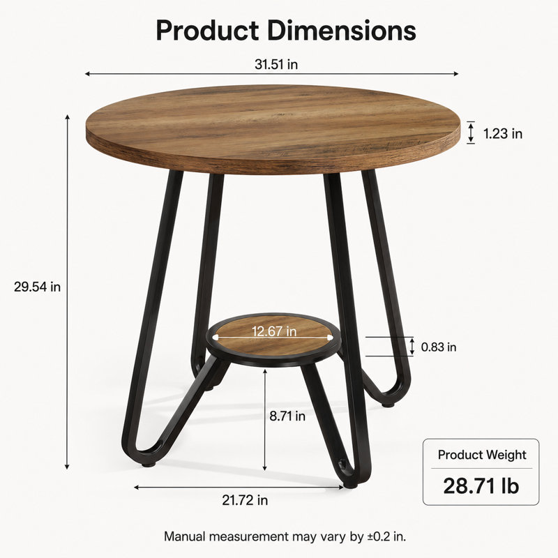 Petite table de salle à manger ronde avec tablette ouverte, en bois et métal, brun