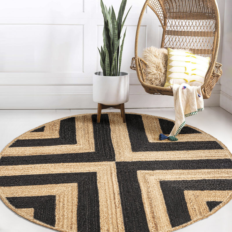 Adwin Two-Tone Chevron Round Jute Black/Natural Rug, Round 6'1"