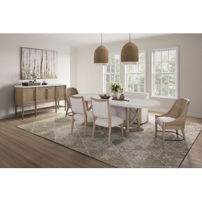Dana Heights 6-Piece Expandable Trestle Dining Set with Banquette, Cane Host Chairs & Upholstered Side Chairs