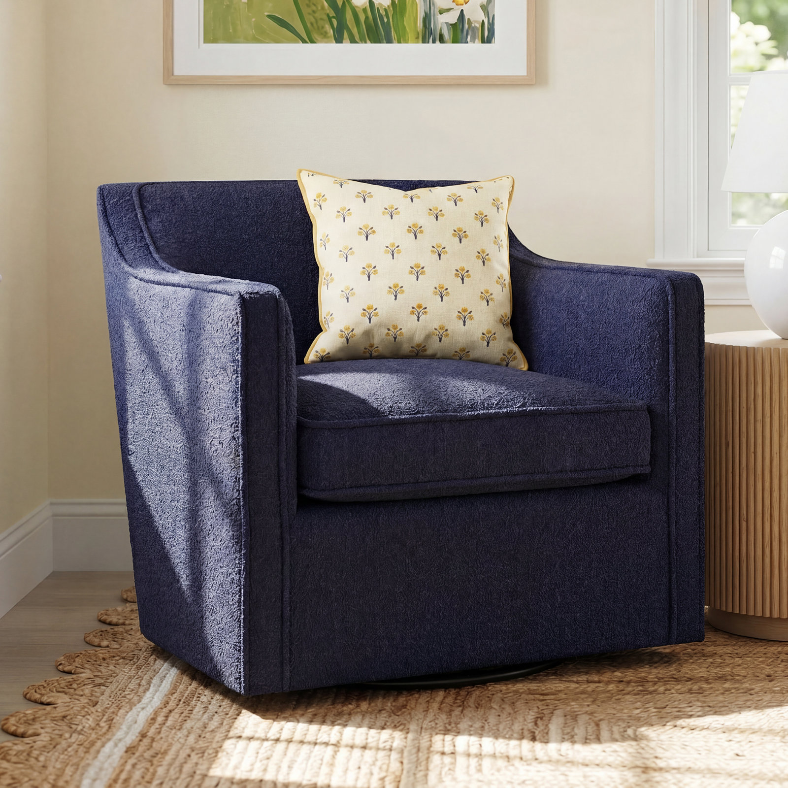 Marietta Upholstered Swivel Armchair, Canvas Navy Sunbrella® Canvas