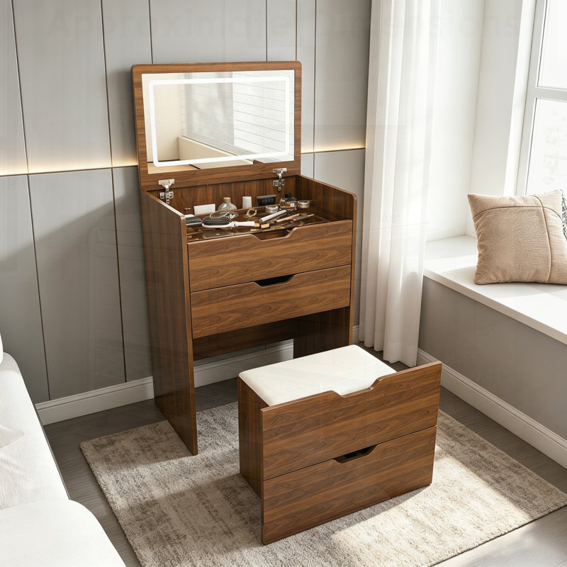 Bureau de coiffeuse 3 en 1 avec miroir éclairé et tabouret de rangement, coiffeuse compacte pour la chambre à coucher, la salle de bain ou le vestiaire