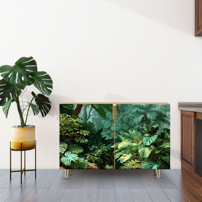 Sideboard Buffet Cabinet with Storage Cinematic Tropical Rainforest Wall Art Dense Jungle Nature Decor with 2 Doors for Living Room and Kitchen