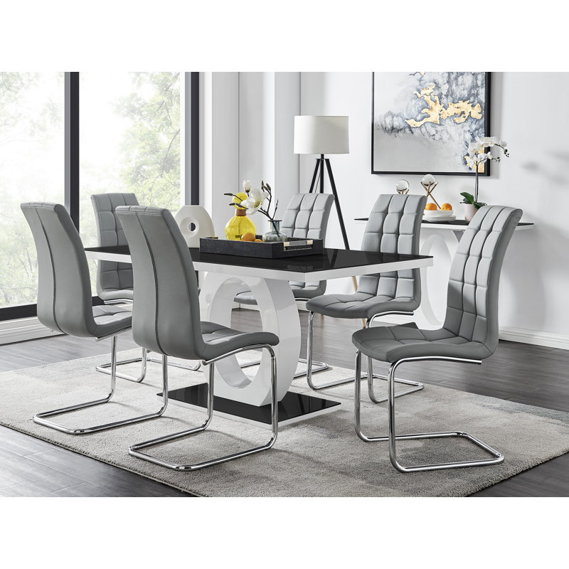 Scottsmoor Modern High Gloss Halo 6 Seater Dining Table Set with Luxury Faux Leather Dining Chairs, Gray, Black