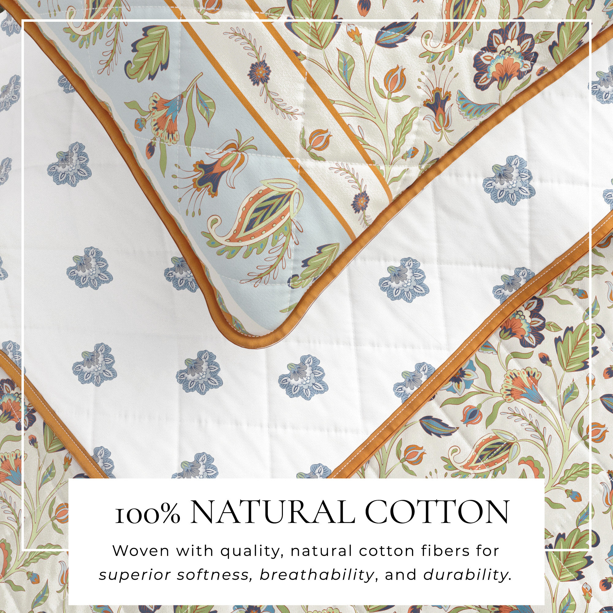 Floral Bordered Cotton Quilt Set, King Quilt + 2 King Shams, Ivory Floral