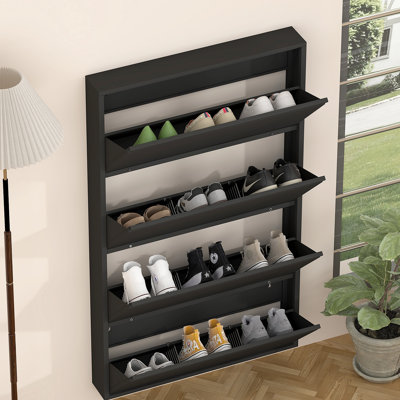 Metal Shoe Cabinet with 4 Flip Drawers, Wall Mounted Shoe Organizer, Narrow Slim Hidden Shoe Rack Storage