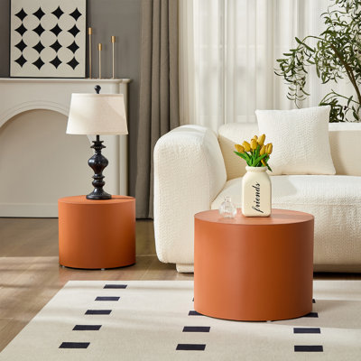 Modern Saddle Leather-Style Round Table With Orange/Brown MDF Finish – Compact Sizes Perfect For Living Room Decor & Daily Use, Blending Rich Textured Aesthetics With Sleek Circular Design To Serve As A Stylish Accent Piece