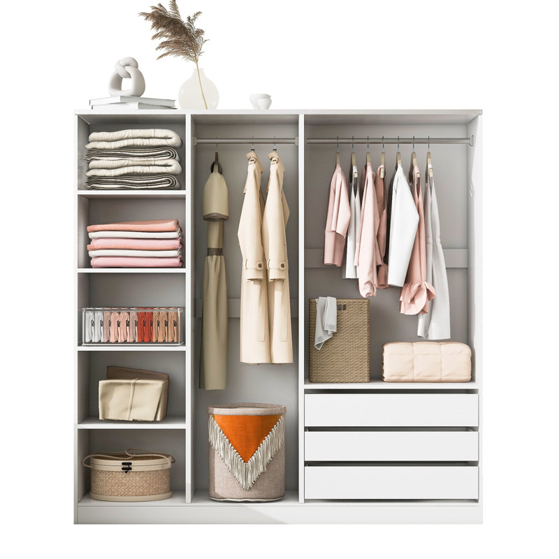 Armoire de rangement sans porte en bois pour chambre à coucher avec tablettes et 3 tiroirs, blanc