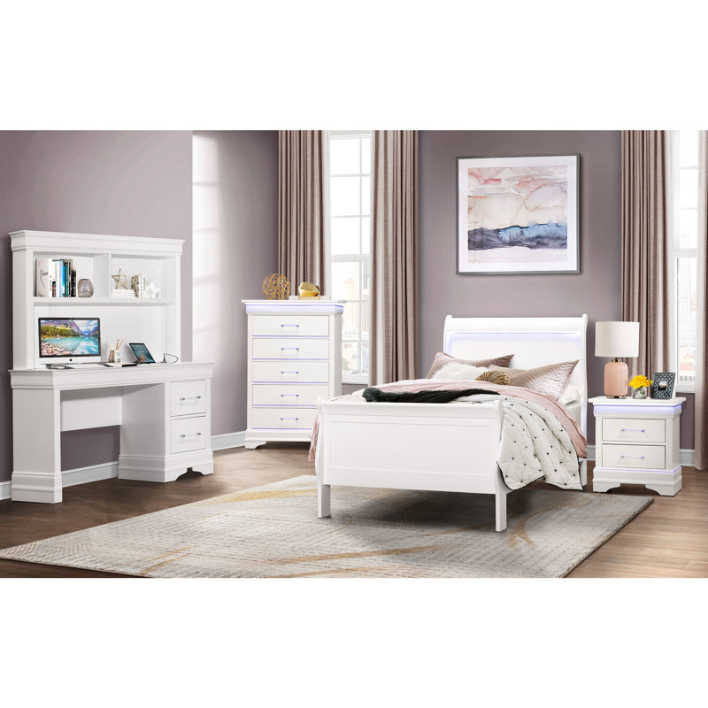 Lit simple à DEL avec éclairage, style, moderne en blanc, bois massif +, éclairage 84,31