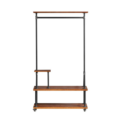 Industrial Pipe Garment Rack with Wheels, Free‑Standing Clothing Rack with Multi‑Tier Wooden Shelves, Heavy‑Duty Open Wardrobe Closet Organizer for Bedroom, Entryway, Boutique