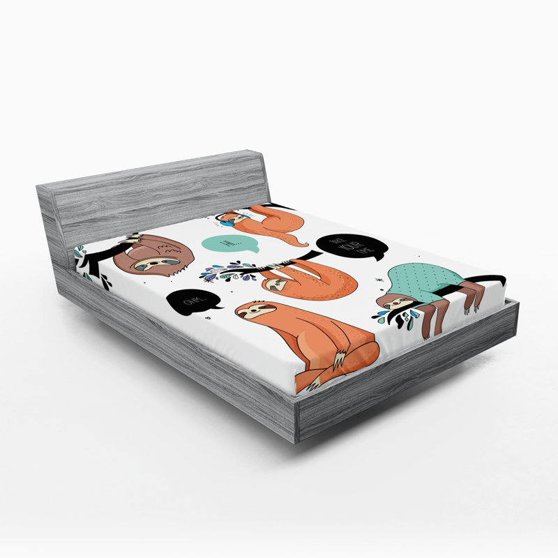 Ambesonne Animal Fitted Sheet 2-Pack Smiling Sloth Cartoon Multicolor, Full Fitted Sheet