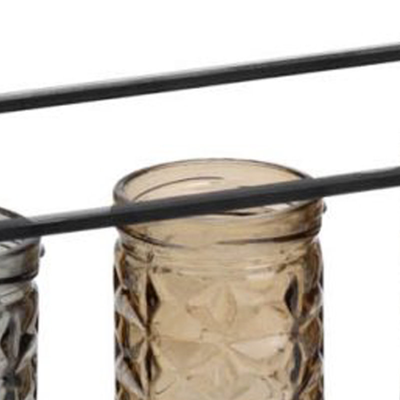 Porte-bougie 4 pots Mev, verre brun gris, cadre en fer noir 16 pouces