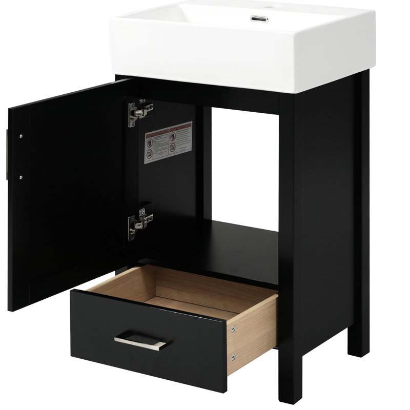 Meuble-lavabo noir moderne de 20,89 po avec lavabo en céramique, structure en bois massif, rangement organisé et conception à dossier ouvert