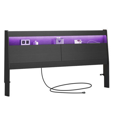 Tête de lit noire très grande taille KING avec rangement, lumière DEL, tablettes de rangement, prises de courant, ports USB et fente de plinthe