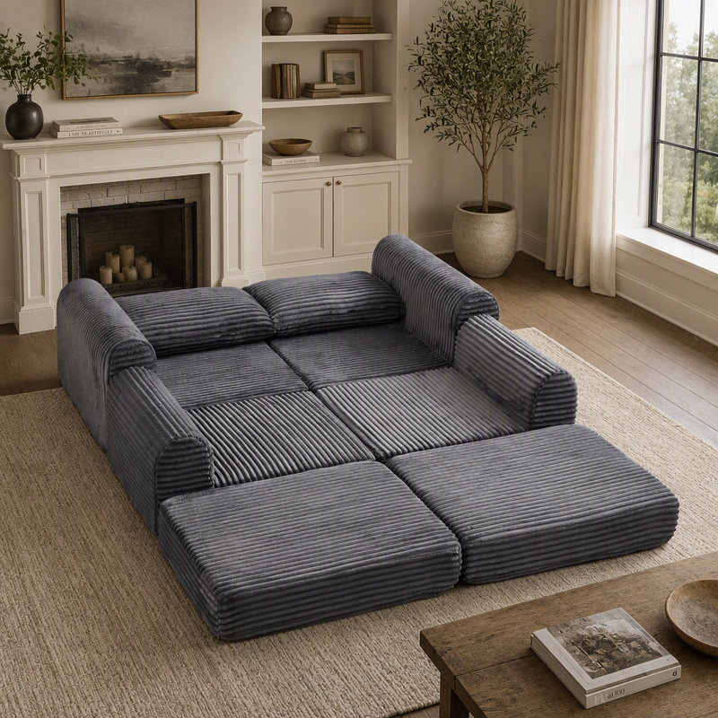 75.5 " Corduroy L-Shaped Sofa & Chaise, Grey
