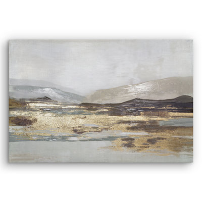 Art mural 24 x 36 sur toile avec des tons de beige, de brun, de bleu et de blanc avec des accents peints à la main et une feuille d'or - papier peint - art mural paysage