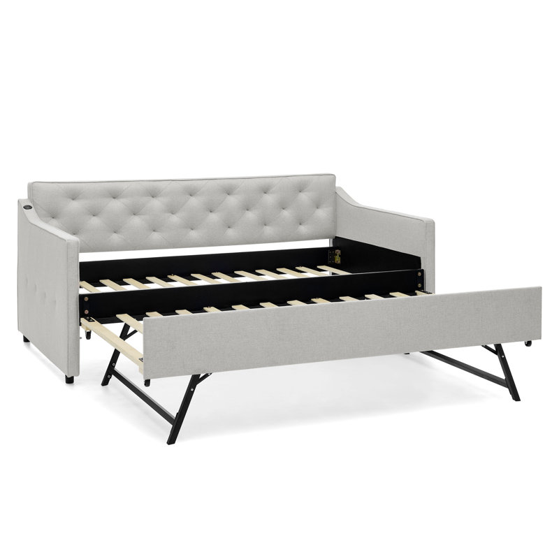 Twin Size Upholstery Daybed With Twin Size Pop-Up Trundle And USB Charging Design, Beige