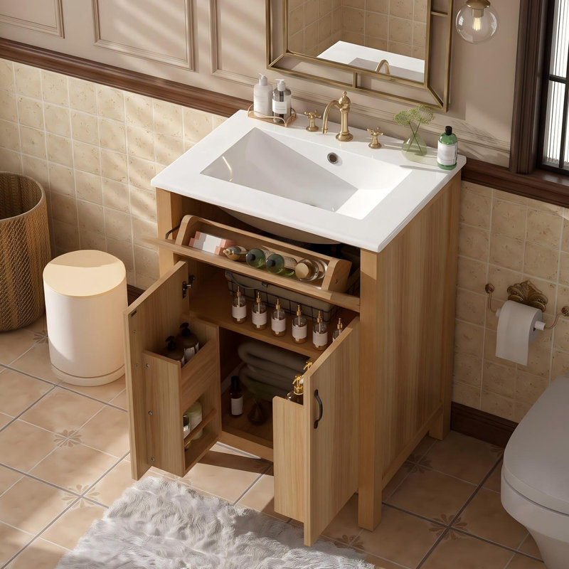 Meuble-lavabo simple 24 po avec lavabo en céramique, Bois