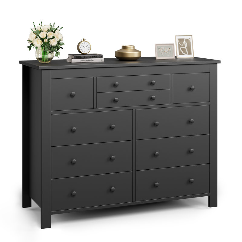 47'' Wide 10-Drawer Wooden Dresser, Long Chest of Drawers, Black