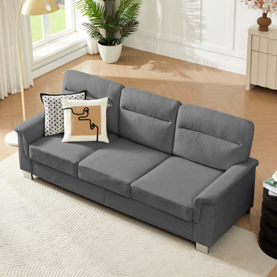 Gris 3 moderne avec 82 po de longueur, tissu compressé, coussin en mousse haute et garniture cloutée élégante pour chambre de bureau de 82 po avec coussin à ressorts confortable, design courbé et tendance