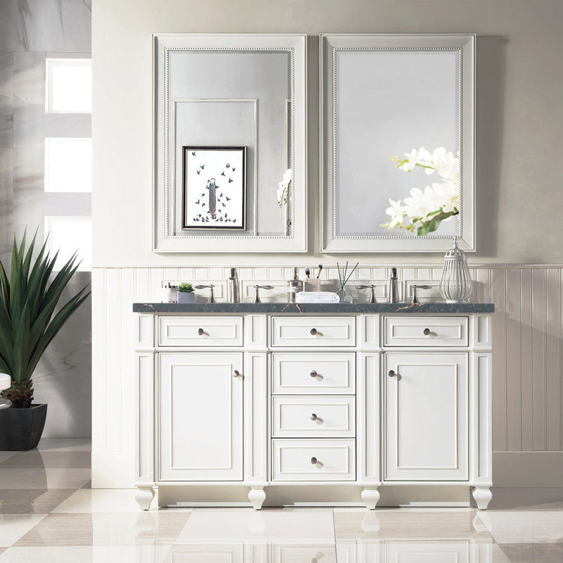 Meuble-lavabo double 60 po Bristol avec chargeur sans fil FreePower, Bleu Parisien, Blanc brillant