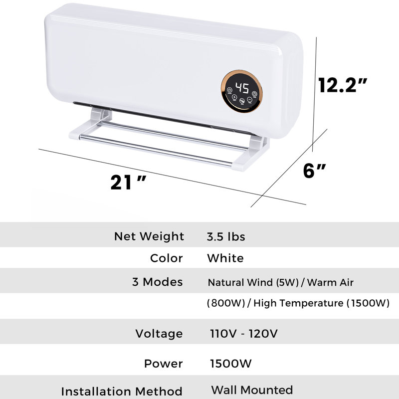 Chaufferette électrique murale, radiateur électrique infrarouge mural 1500w, radiateurs à chauffage rapide en PCT pour une utilisation intérieure, 3 modes de chauffage, minuterie, télécommande, installation facile pour la chambre à coucher, le bureau, la maison