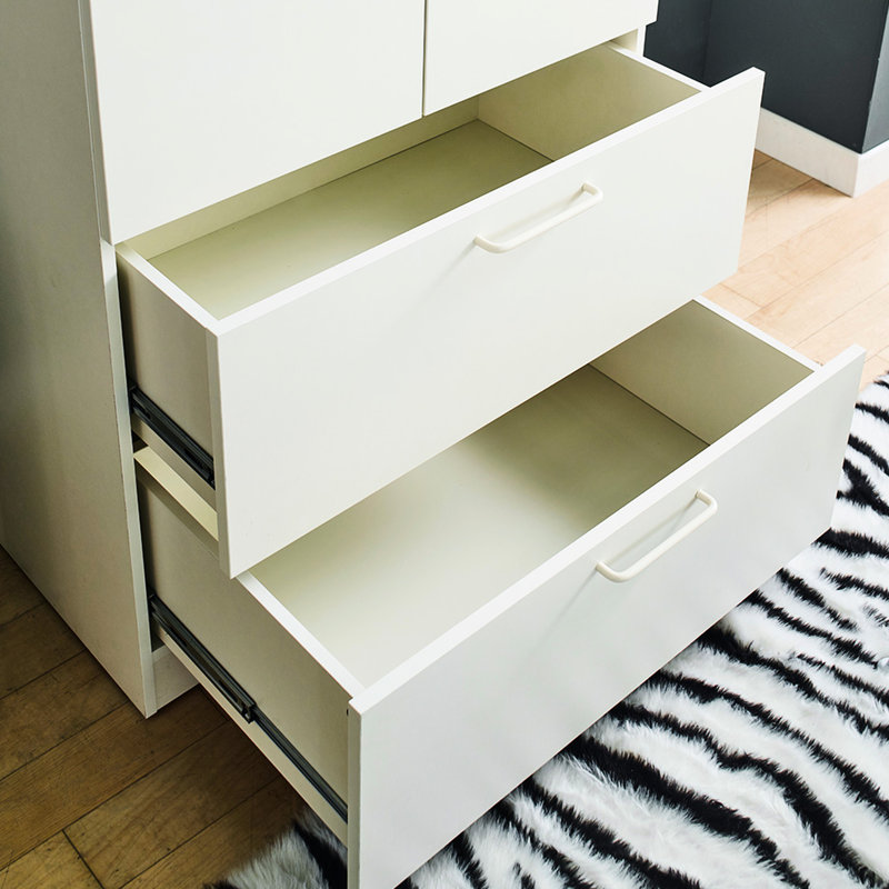 Armoire blanche à deux portes en bois massif avec deux tiroirs et barres de suspension - Option de fermeture en douceur, potentiel de rangement profond, finition eau et chaleur, conception à égratignure, panneau de classement E0, 2 fois plus épais, fabriqué en