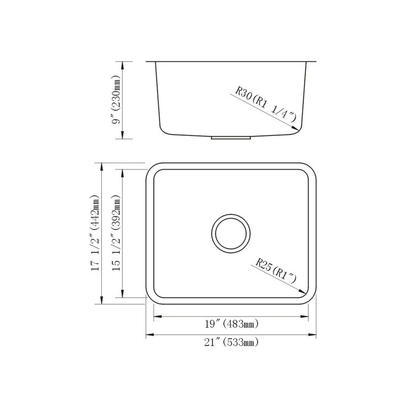 Évier de cuisine encastrable l 21 po x l 18 po fabriqué main angle