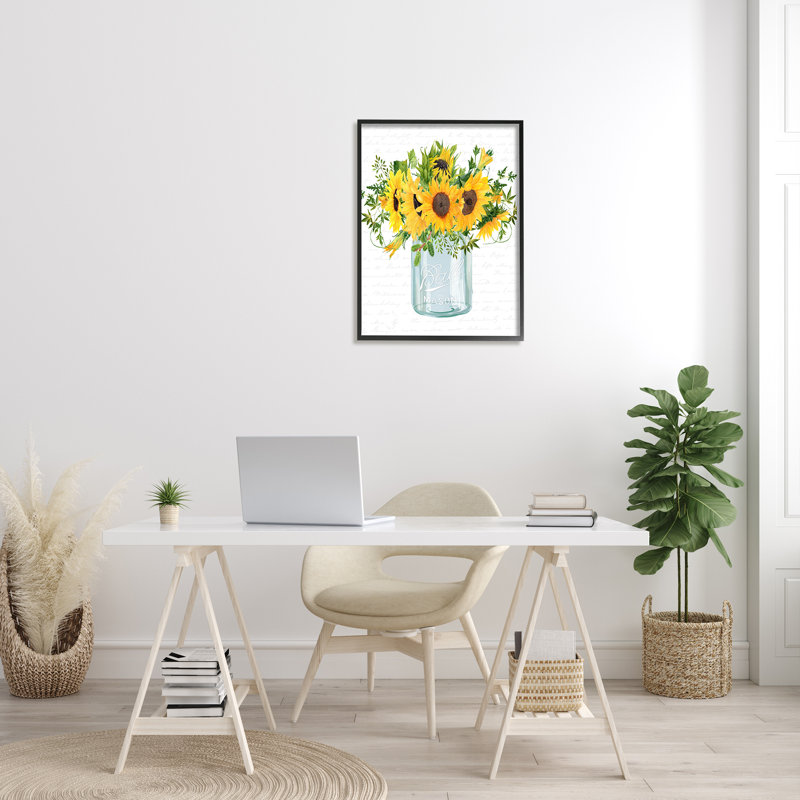 Bouquet de tournesols champêtre rétro, H 30 po x l 24 po x P 1,5 po, Giclée encadrée noir minuit