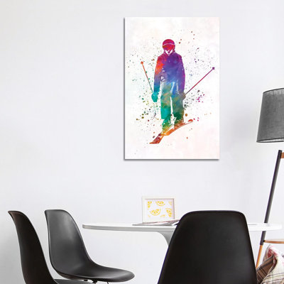Woman Skier Skiing Jumping 01 In Watercolour by Paul Rommer - Wrapped Canvas Painting