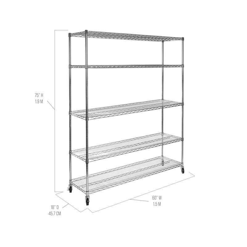 UltraDurable 60" W x 18" D 5-Tier NSF-Certified Steel Shelving with Wheels, Steel