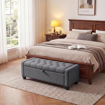Banc de rangement avec repose-pieds 50 po, charnière capitonnée à fermeture lente, banc de lit grande capacité, gris