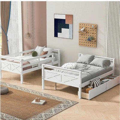 Bunk bed with ladder, two storage drawers, and safety railings, white