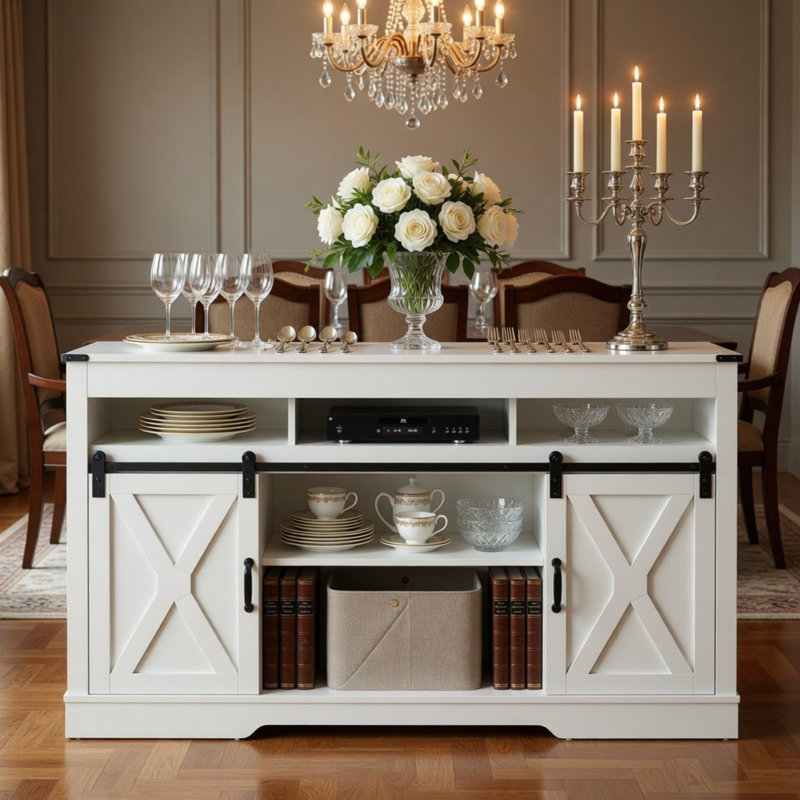 Meuble télé 58 po pour ferme 65 po avec portes de grange coulissantes et rangement 58 po, White