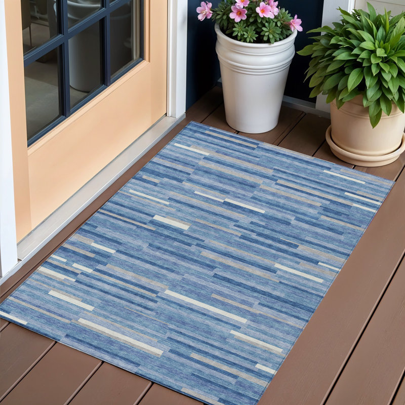 3' X 5' Sky Blue Gray And Ivory Striped Washable Indoor Outdoor Area Rug