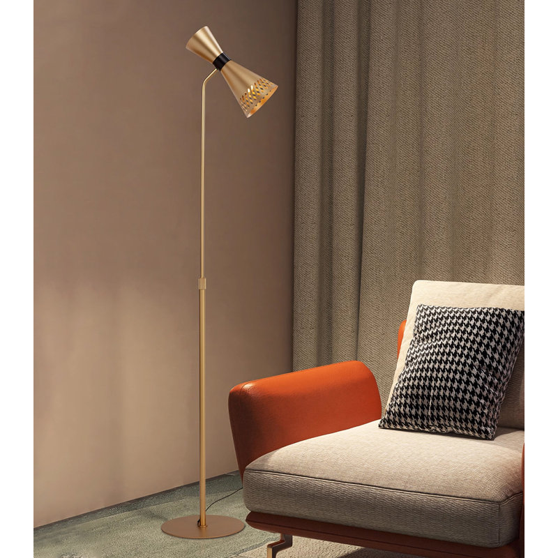 Adjustable Angled Brass Floor Lamp With Perforated Conical Shade
