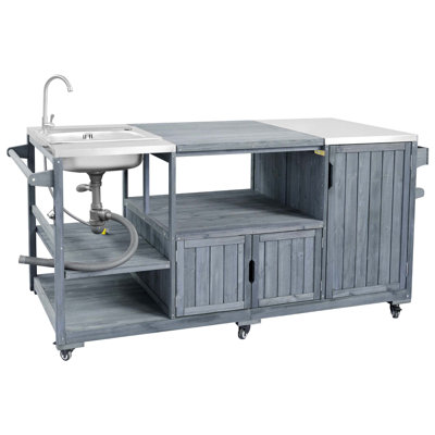 Durable Solid Wood Outdoor Kitchen Island With Stainless Steel Top, Sink, And XL Green Egg Grill Compatibility
