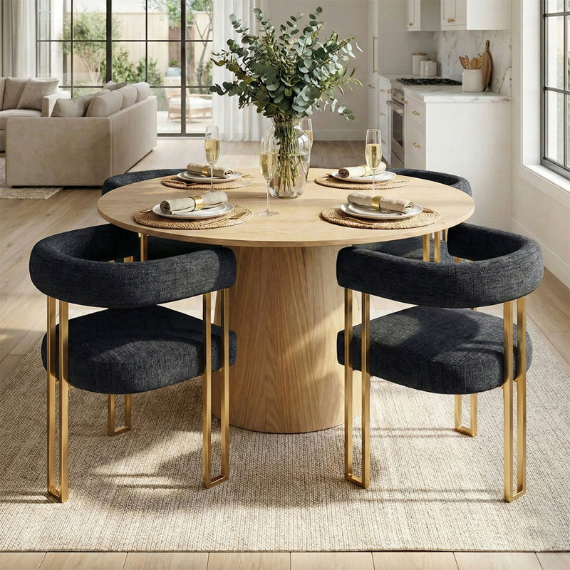 Bingham 4 - Person Dining Table Sets With 52'' Round Table & 4 Upholstered Chenille Gold Chairs, Black