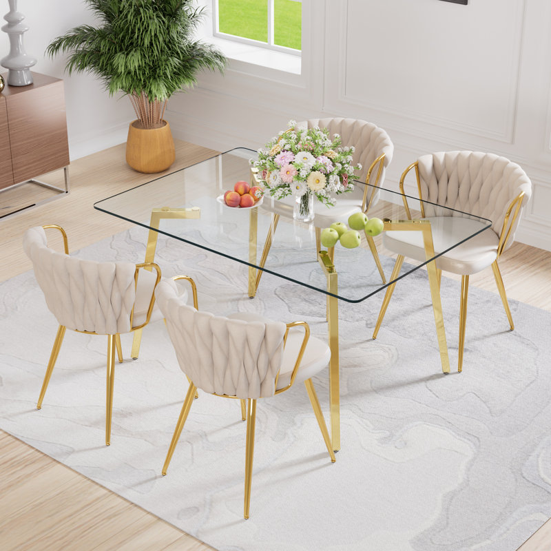 Rectangle Glass Dining Table Set with Velvet Dining Chair, 5, Beige