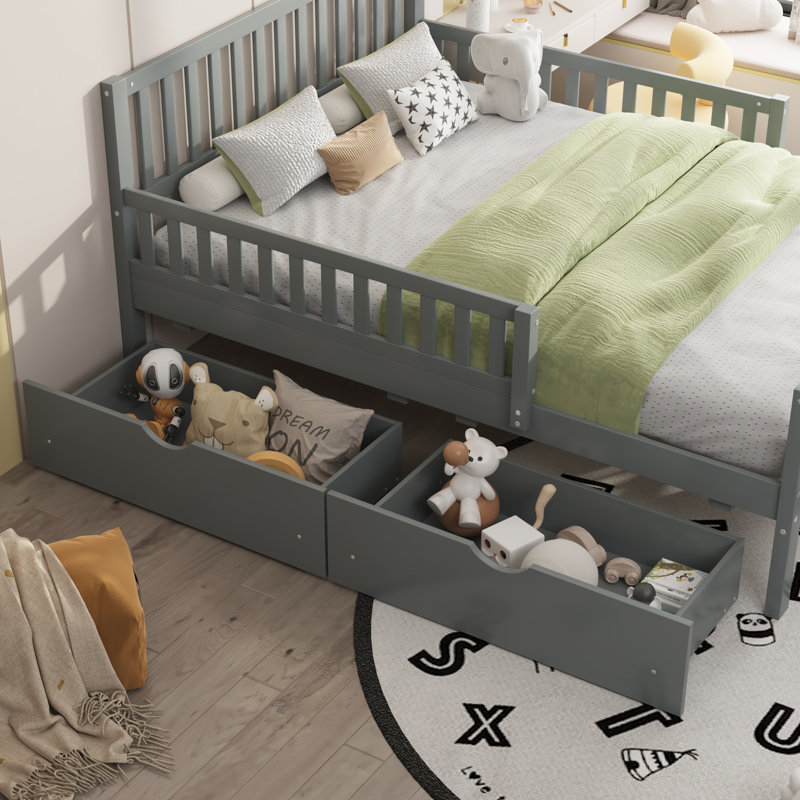 Size Wood Platform Bed With Guardrails On Both Sides And Two Storage Drawers,, Twin